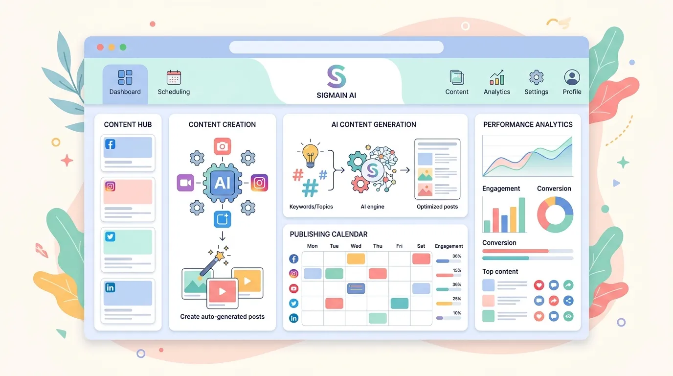 시그마인 AI 기반 SNS 콘텐츠 마케팅 자동화 플랫폼 대시보드